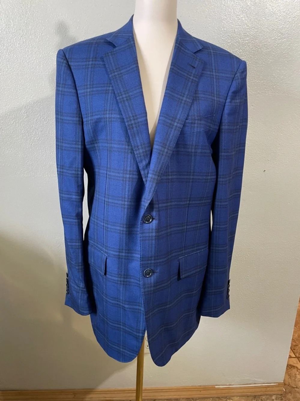 Ermenegildo Zegna Wool Sport Coat Blue Windowpane US 42L/IT 52L Blazer Office